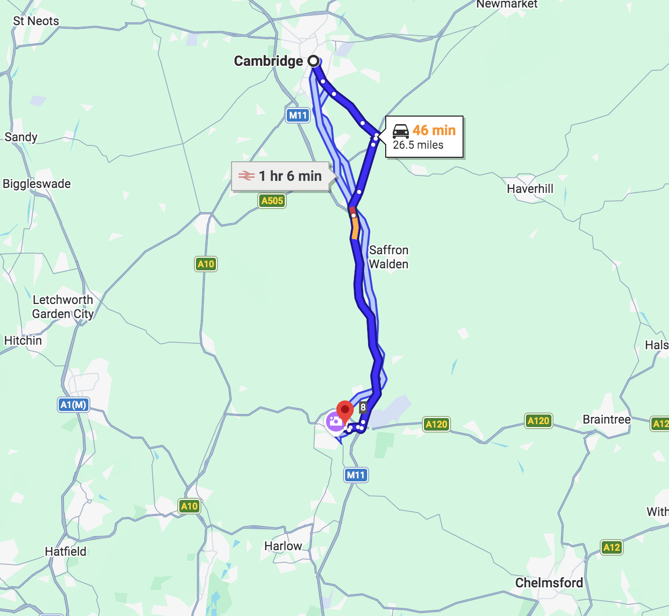 cambridge to dr blooms bishops stortford Directions